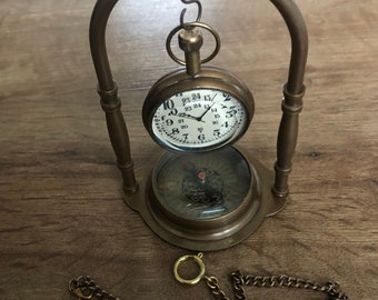 Vintage Art massive antike Messing Taschenuhr und Display Ständer Kompass