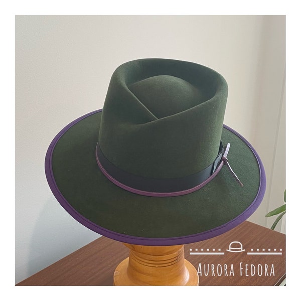 Fedora - Forest green with folded pinch and purple leather/ fabric trim