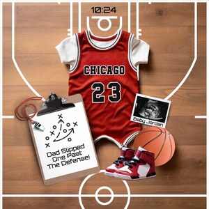 Annuncio di gravidanza digitale di Chicago Basketball, annuncio di nascita di pallacanestro modificabile, rivelazione di bambino a tema MJ Sports, il più grande di tutti i tempi