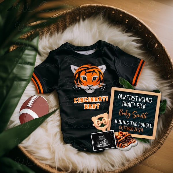 Cincinnati Football Pregnancy Announcement Digital, Editable Tiger Football Baby Announcement, Sports Baby Reveal, Our First Draft Pick