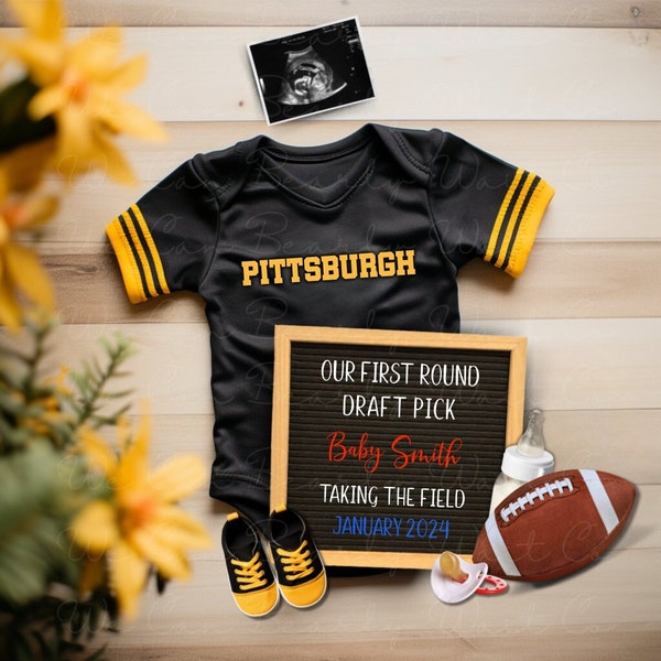 Pittsburgh Football Pregnancy Announcement Digital, Editable Football Baby Announcement, Sports Baby Reveal, Father's Day Baby Reveal