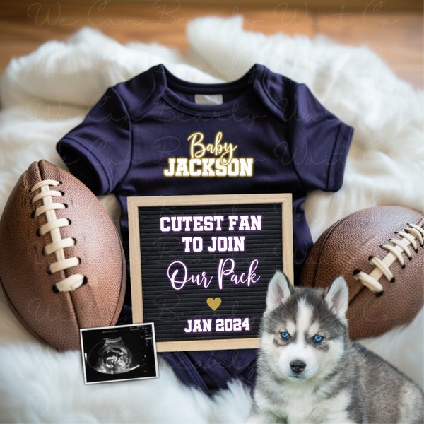 College Football Pregnancy Announcement Digital, Editable Cutest Fan Football Baby Announcement, Purple Gold Sport Themed Baby Reveal, SeaWA