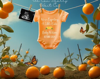 Ogłoszenie o ciąży Little Cutie On The Way, edytowalne ogłoszenie o narodzinach dziecka w postaci mandarynek, cyfrowe letnie cytrusy ujawniają ciążę