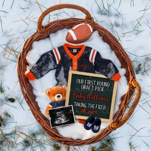 Annuncio di gravidanza digitale di Chicago Football, annuncio di nascita di un bambino di calcio con scelta della prima bozza, rivelazione di un bambino a tema sportivo neutro, Soc Media