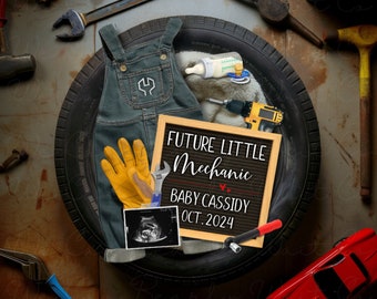 May include: A black tire with a pair of blue overalls, a yellow work glove, a baby bottle, a drill, and a letter board that reads "Future Little Mechanic Baby Cassidy Oct. 2024".