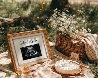Spring Picnic Pregnancy Announcement Digital, Boho Floral Baby Announcement Editable, Simple Aesthetic Baby Reveal, Cake, Gender Neutral
