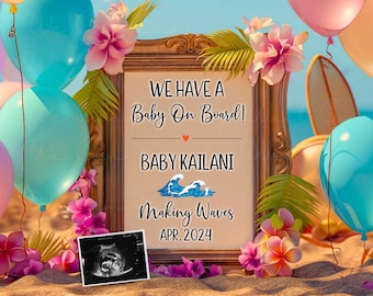 Anuncio de bebé de surf tropical digital, anuncio de bebé de playa floral editable, revelación de embarazo de bebé de surf a bordo, pequeño surfista