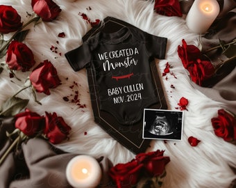 Vampire Halloween Pregnancy Announcement Digital, We Created A Monster Baby Announcement Editable, Spooky Fall Baby Reveal, Bat Social Media