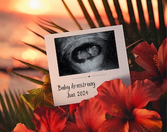 Anuncio de bebé de playa hawaiana digital, anuncio de embarazo de verano, anuncio de bebé personalizado de género neutro, hibisco floral, medios sociales