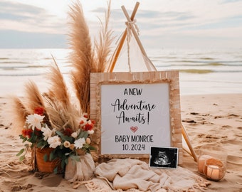 Boho Beach Pregnancy Announcement Digital, Cute Beach Baby Announcement Editable, Summer Baby Reveal, Adventure Awaits, Gender Neutral
