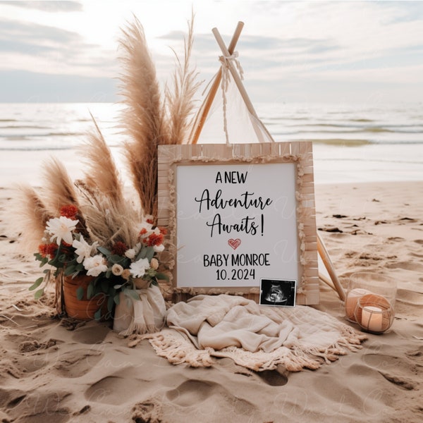 Boho Beach Pregnancy Announcement Digital, Cute Beach Baby Announcement Editable, Summer Baby Reveal, Adventure Awaits, Gender Neutral