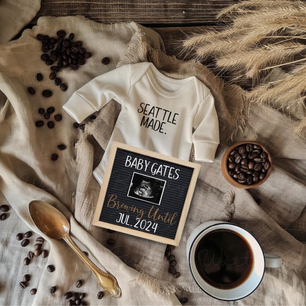 Seattle Made Coffee Pregnancy Announcement, Coffee Baby Announcement Digital, Coffee Lover Pregnancy Reveal, Brewing, Gender Neutral, Beans