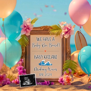 Tropical Surfing Baby Announcement Digital, Floral Beach Baby Announcement Editable, Surf Baby On Board Pregnancy Reveal, Little Surfer