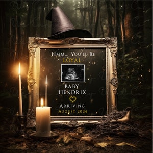 Yellow Wizard House Pregnancy Announcement, Editable Wizard or Witch Baby Announcement, Social Media HP Theme Pregnancy Reveal, Magical Hat