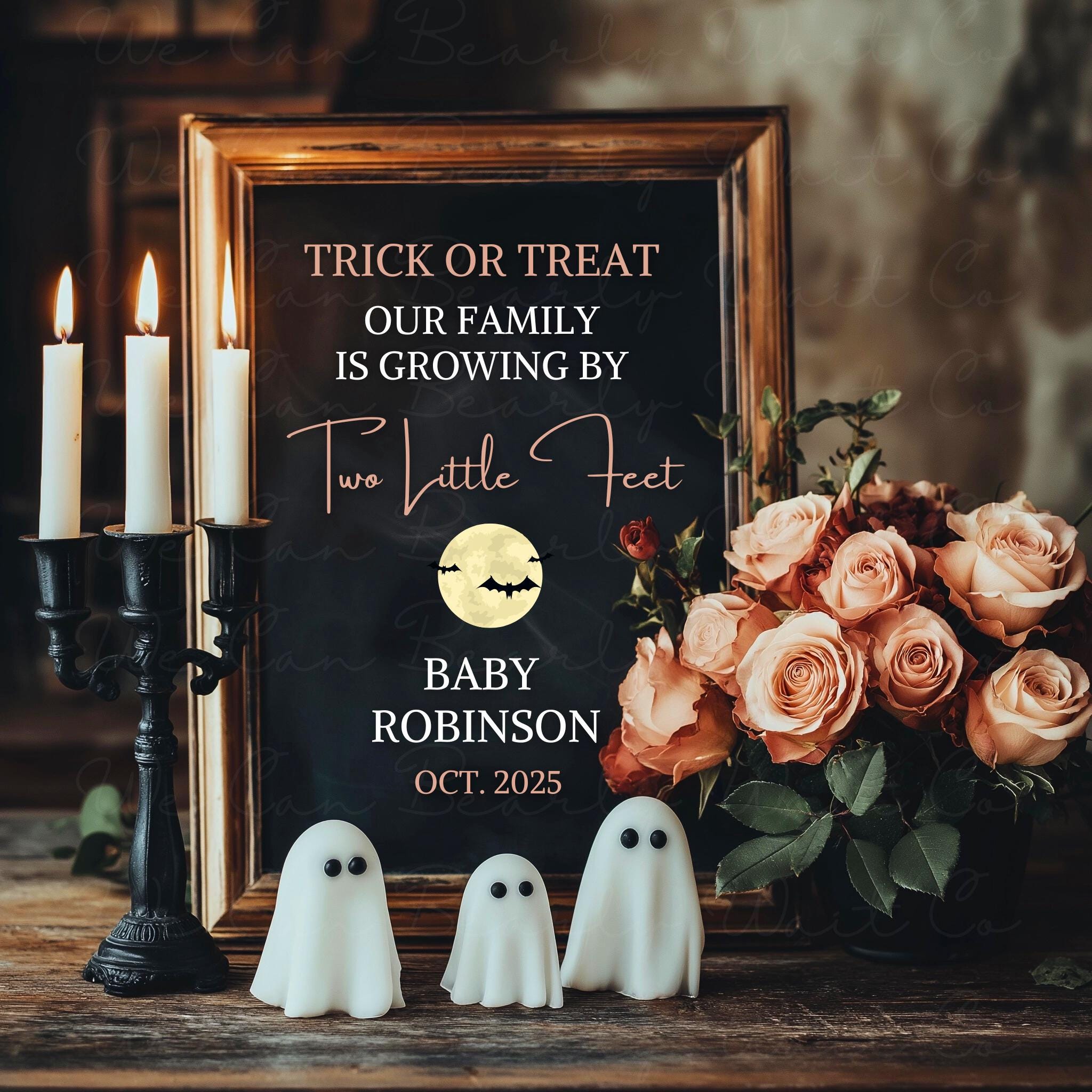 Vintage Floral Ghost Pregnancy Announcement Digital, Family Growing Baby Announcement, Second Baby Gender-Neutral Reveal, Canva Template