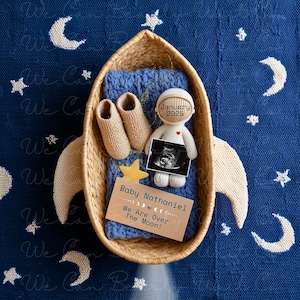 Modern Space Pregnancy Announcement Digital, Over The Moon Baby Announcement, Blue Baby Boy Reveal, Little Astronaut Canva Template, Stars