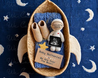 Modern Space Pregnancy Announcement Digital, Over The Moon Baby Announcement, Blue Baby Boy Reveal, Little Astronaut Canva Template, Stars