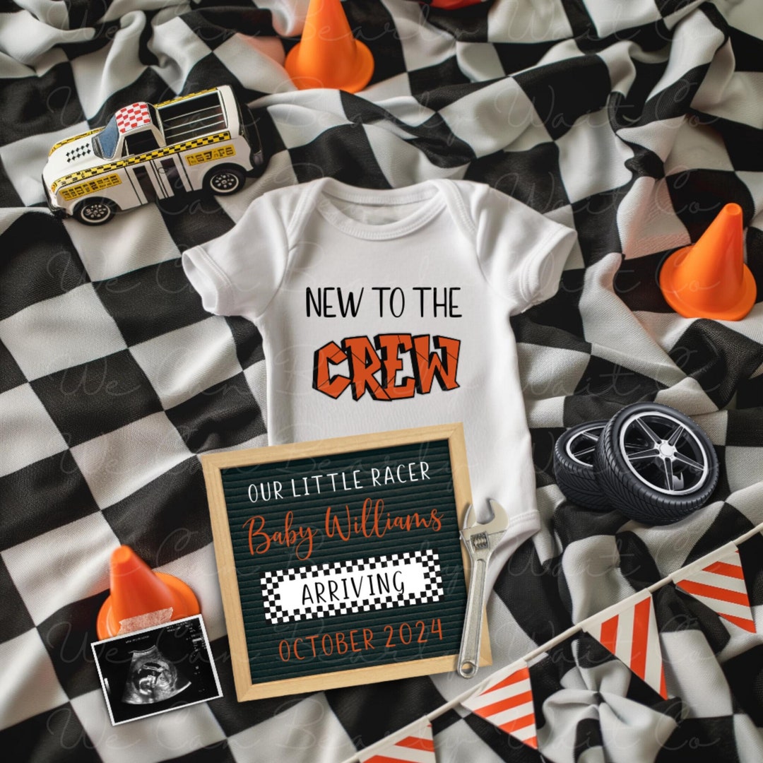 New to the Crew Racing Pregnancy Announcement Digital, Race Car Baby