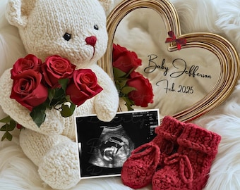 Cute Mirror Pregnancy Announcement Digital, Simple Valentine&#39;s Day Baby Announcement, Modern Neutral Baby Reveal Template, Floral Rose