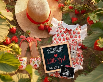Cute Strawberry Garden Pregnancy Announcement Digital, Berry Special News Baby Announcement, Summer Girl Gender Reveal, It's A Girl, Media