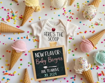 Here's The Scoop Pregnancy Announcement Digital, New Flavor Ice Cream Baby Announcement, Summer Baby Reveal, Gender Neutral, Editable