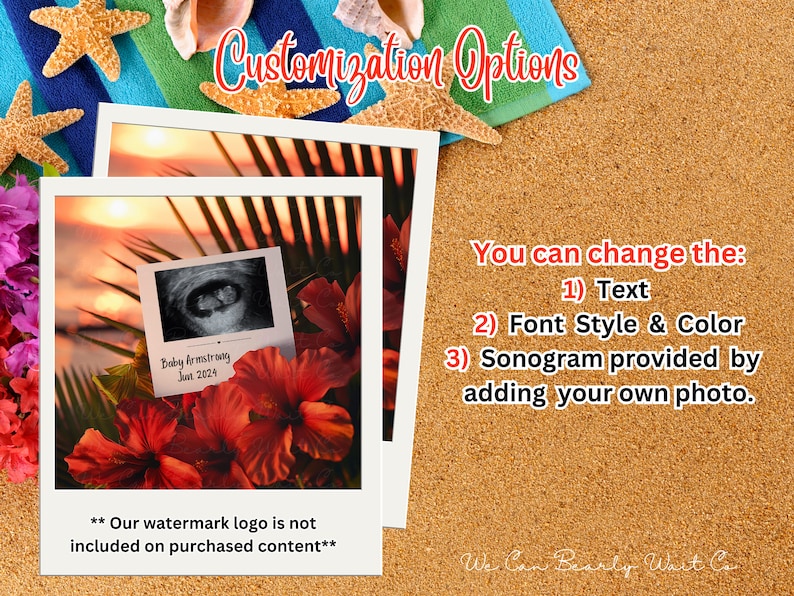 May include: A digital photo frame with a tropical sunset background and a sonogram image. The text "Baby Armstrong Jun 2024" is displayed below the sonogram. The text "You can change the: 1) Text 2) Font Style & Color 3) Sonogram provided by adding your own photo." is displayed on the right side of the image. The text "We Can Bearly Wait Co" is displayed at the bottom of the image.
