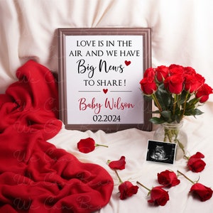 Big News Valentine&#39;s Day Pregnancy Announcement Digital, Editable Love Is In The Air Baby Announcement, February Reveal, Gender Neutral
