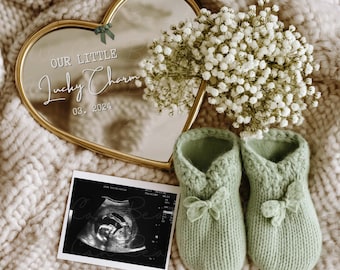 Cute Mirror Pregnancy Announcement Digital, Simple St. Patrick's Day Baby Announcement, Modern Neutral Baby Reveal Template, Lucky Charm