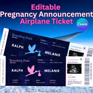 Bearbeitbare Bordkarte Schwangerschaftsvorlage, Reise-Babymitteilung Digital, druckbare geschlechtsneutrale Flugticket-Baby-Enthüllung, Canva