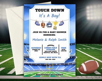 May include: A baby shower invitation with a football theme. The invitation features the text "Touch Down It's A Boy!" and includes illustrations of football equipment. The invitation also includes the names of the parents, date, time, and location.
