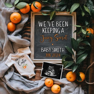 A Little Cutie Pregnancy Announcement Digital, Tangerine Juicy Secret Baby Announcement, Summer Clementines Citrus Baby Reveal, Gend Neutral