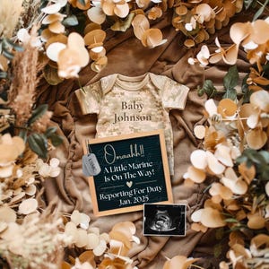 Marines Pregnancy Announcement Digital, Military Baby Announcement, Gender Neutral Baby Reveal, Recruit Reporting For Duty, Canva Template