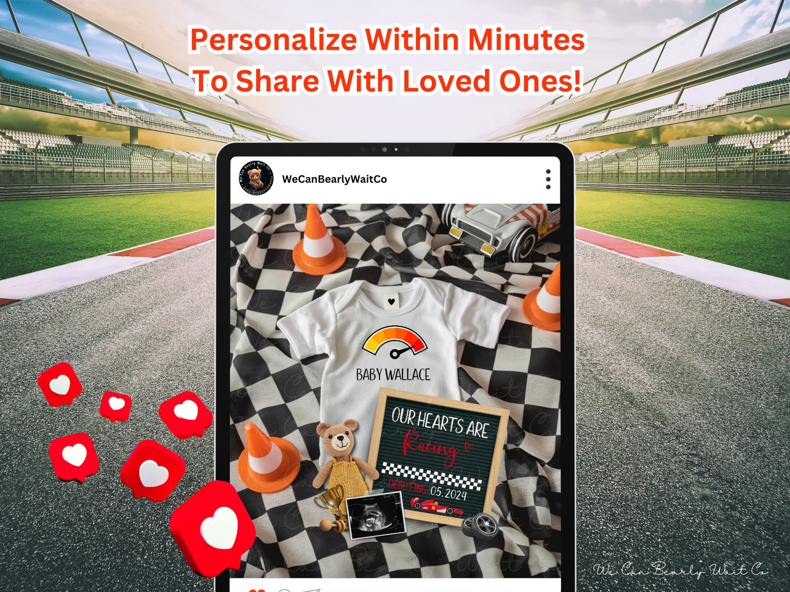 Our Hearts Are Racing Pregnancy Announcement Digital, Race Car Baby ...