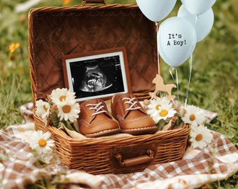 Spring Boy Pregnancy Announcement, Digital Boho Baby Boy Announcement, Blue Gender Reveal, It's a Boy, Social Media, Editable Canva Template