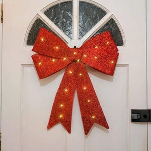 Lightupbow,Large Red Glitter Christmas Bow with LED Lights – Handmade festive door decoration Luxury Led