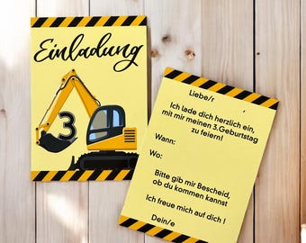 Puede incluir: Invitación de cumpleaños de temática de construcción amarilla y negra con una excavadora de dibujos animados y el número 3. El texto dice "Einladung" y "Liebe/r Ich lade dich herzlich ein, mit mir meinen 3. Geburtstag zu feiern! Wann: Wo: Bitte gib mir Bescheid, ob du kommen kannst Ich freue mich auf dich! Dein/e"