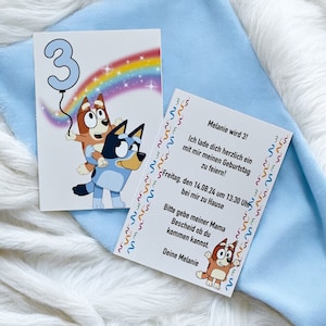 K&ouml;nnte beinhalten: Eine Geburtstagseinladung mit zwei Comic-Hunden, einem blauen und einem braunen, mit einem Regenbogen und der Zahl 3. Der Text lautet "Melanie wird 3! Ich lade dich herzlich ein mit mir meinen Geburtstag zu feiern! Freitag, den 14.08.24 um 13:30 Uhr bei mir zu Hause Bitte gebe meiner Mama Bescheid ob du kommen kannst. Deine Melanie"