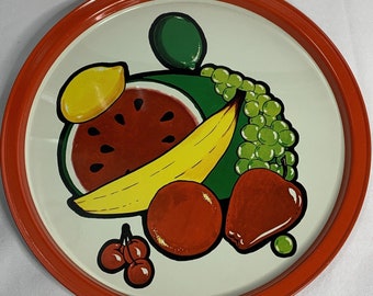 Vtg MCM Cheinco Round Red Metal BBQ Serving Tray Party Platter Picnic Fruit