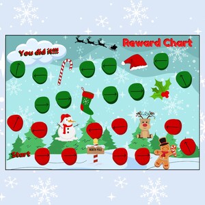May include: A Christmas-themed reward chart with a green and red color scheme. The chart features a game board with red circles and arrows, and images of a snowman, a reindeer, a gingerbread man, a candy cane, a stocking, and a Santa hat. The text "Reward Chart" and "You did it!!!" are included on the chart.