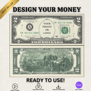 Op de afbeelding: Een ontwerp van een biljet van twee dollar met ruimte voor een foto of logo. De bovenkant van de rekening luidt "DESIGN YOUR MONEY" en "HAPPY BIRTHDAY MY SON, WE LOVE YOU." De onderkant van de rekening zegt "READY TO USE!"
