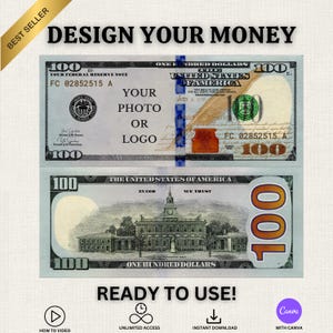 以下が含まれることがあります： 「DESIGN YOUR MONEY」の文字が上部に配置された100ドル紙幣のデジタルデザイン画像。写真やロゴ用のスペースが含まれています。下半分には、建物と「READY TO USE！」の文字が記載された紙幣の裏面が表示されています。