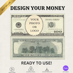 Może przedstawiać: Szablon projektu dla niestandardowego banknotu 100 $, z miejscem na zdjęcie lub logo. Projekt zawiera tekst "DESIGN YOUR MONEY" i "READY TO USE!". Banknot jest zielony i czarny, z tekstem "ONE HUNDRED DOLLARS".