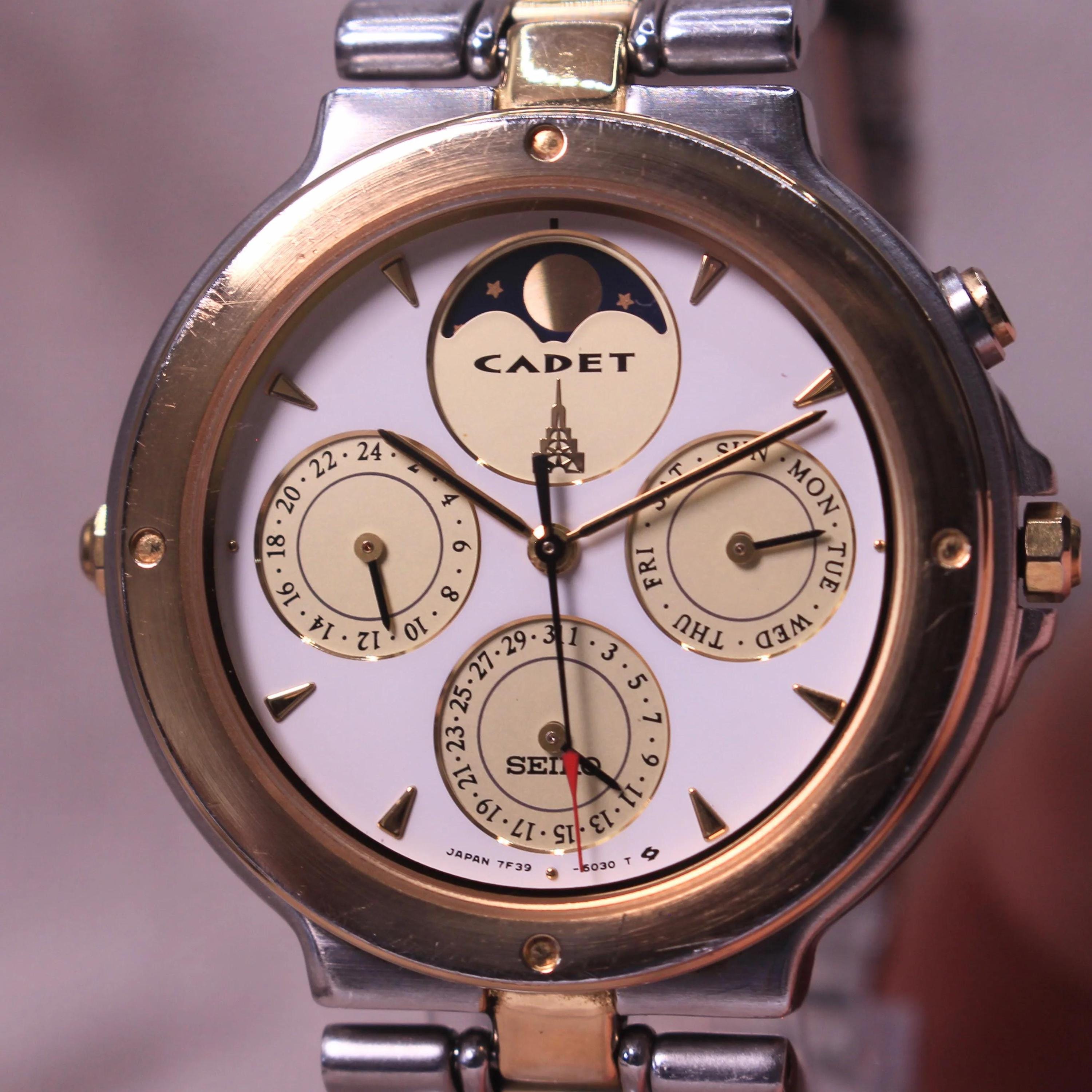 美品 1990年製 SEIKO セイコー CADET ムーンフェイズ メンズ Vintage Seiko Cadet Moonphase Triple Calendar Watch Two Tone