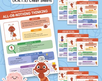 ANTs Automatic Negative Thoughts, Kids Thinking Errors, Cognitive Distortions, Anxiety Coping Skills, CBT Handouts 0043