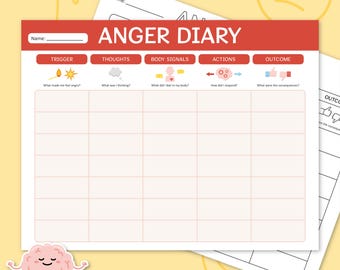 Anger Diary Fillable Worksheet, Emotional Regulation, Anger Management Printable, Kids & Teen Anger Coping Skills, Counselor Therapist 0008