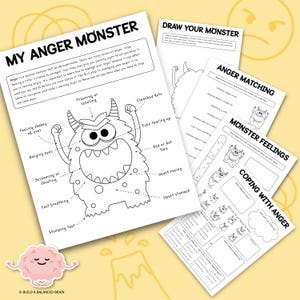 My Anger Monster, Working Through Anger Worksheets, Emotional Regulation, Anger Management Printable for Kids and Teens, Mental Health 0036