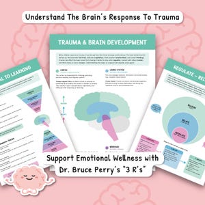 May include: Educational infographic about the brain's response to trauma, featuring diagrams and text. The image includes the text "Understand The Brain's Response To Trauma" and "Support Emotional Wellness with Dr. Bruce Perry's '3 R's'".