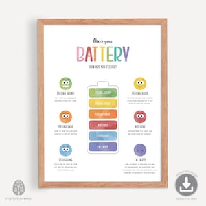 Poster Vérifiez votre batterie, impression zones de régulation, décoration de bureau de conseiller, coin calme, régulation des émotions, tableau des sentiments des enfants 0022