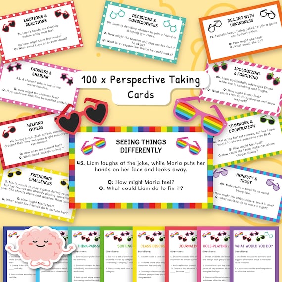Perspective Taking Scenario Cards for kids, 100 Social Skills Task Cards, Developing Empathy, Making Inferences, Autism, Neurodiverse 0050