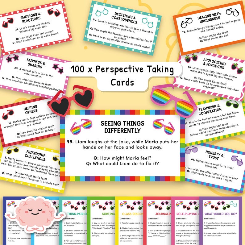 Pu&ograve; includere: Un set di 100 carte di presa di prospettiva, con scenari e domande per incoraggiare l'empatia e la comprensione. Le carte colorate presentano immagini di occhiali da sole e un cervello. Il testo include domande su emozioni, correttezza e lavoro di squadra.